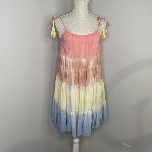 Storia Dresses & Skirts - Storia Rainbow Tie Dye Color Block Knee Length Swing Trapeze Flowy Dress Size S